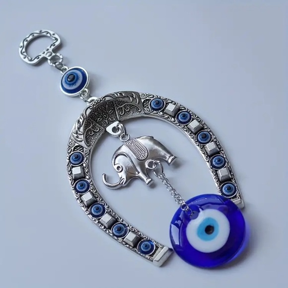 NWT Ornate Silver Metal Elephant🐘 Blue Evil Eye 🧿 Horseshoe Hanging Decoration - Picture 6 of 11